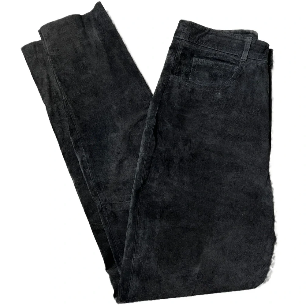 Vintage Shirley France 100% Leather Black Suede Pants Women Size 12 Straight Leg